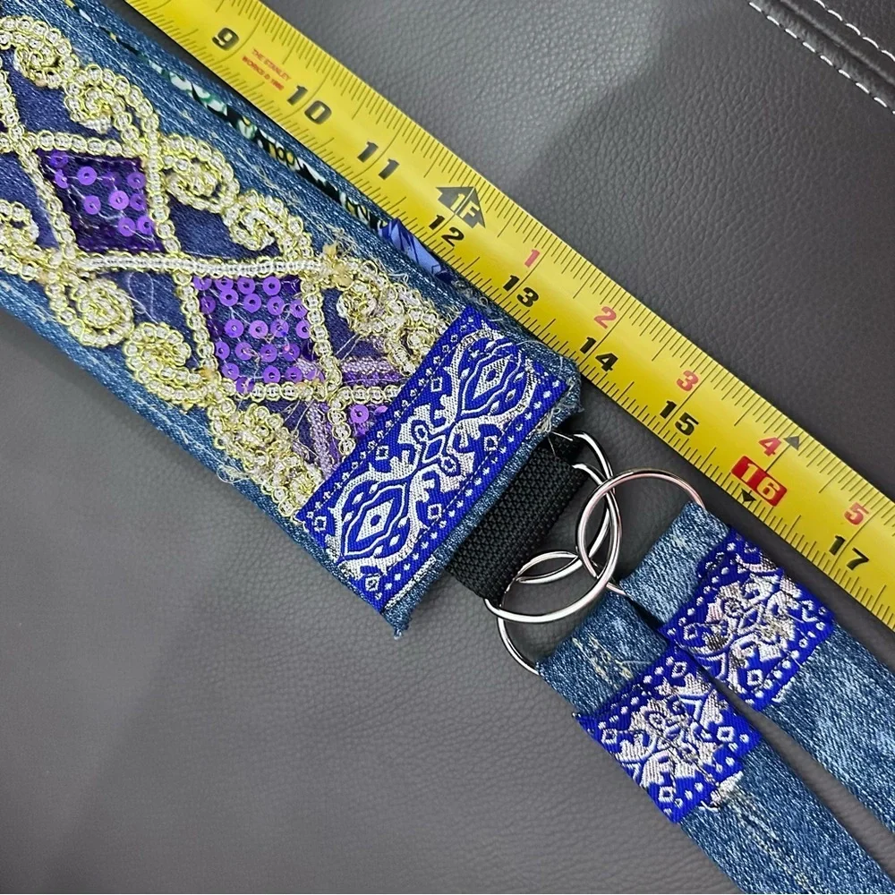 Artisan Denim Belt Handmade OOAK Boho Gold & Purple Sequin 3’ Wide Signed 30-36